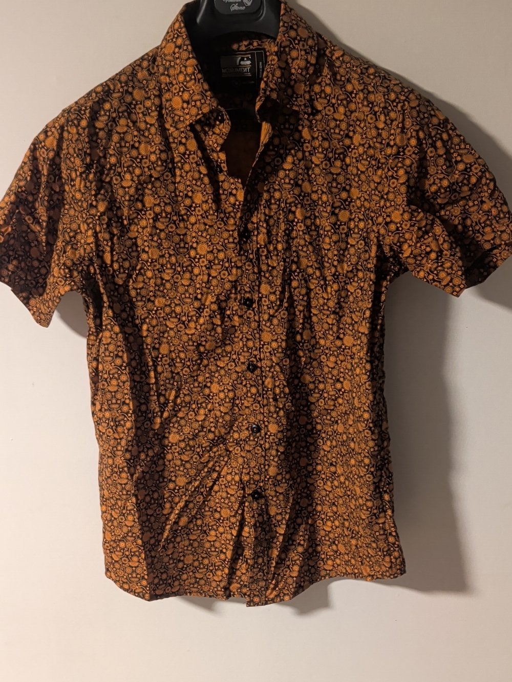 Casual Short-Sleeve Orange Patterned Button-Down Shirt Day Of The Dead Skull